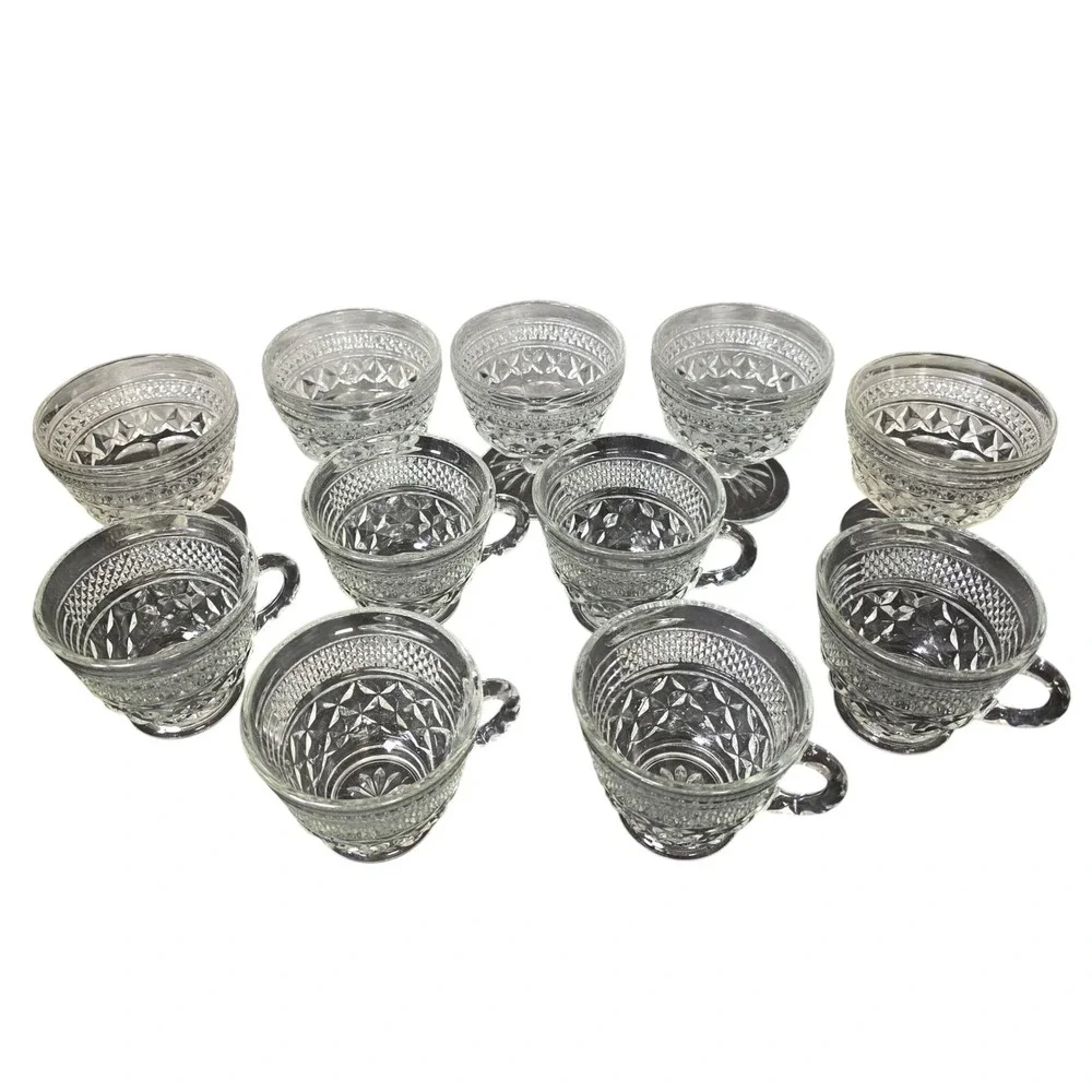 Anchor Hocking Glass Teacups Goblets Diamond Point Glass Set of 11  Excellent